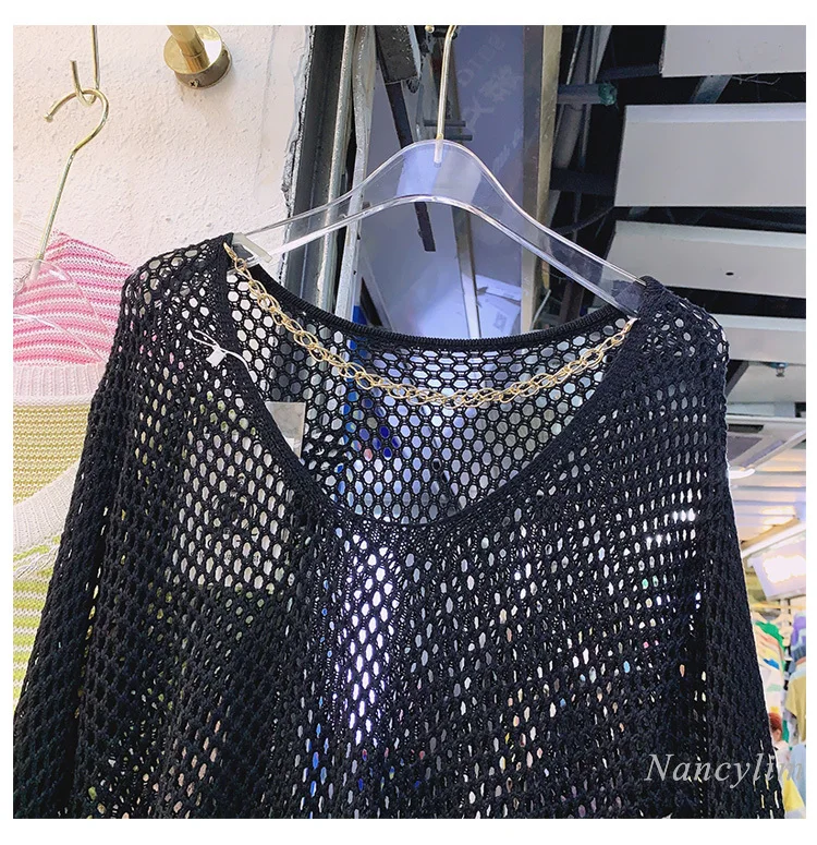 Camiseta holgada de manga larga para mujer, Top calado, Jersey a juego, camiseta de protección solar de punto con espalda descubierta