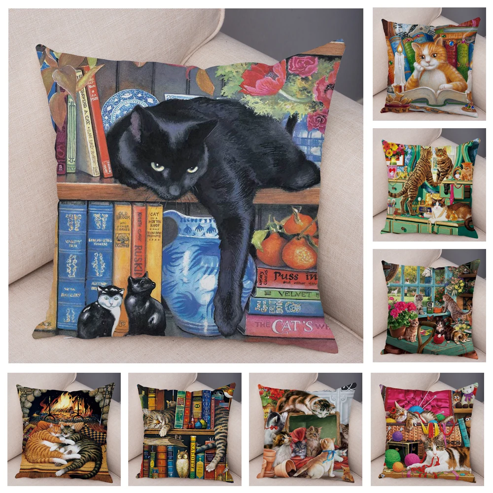Cartoon Library Book Cat Cushion Cover Soft Plush Decor Fairy Tale Animal Pillowcase Pillow Case for Sofa Home Children Room