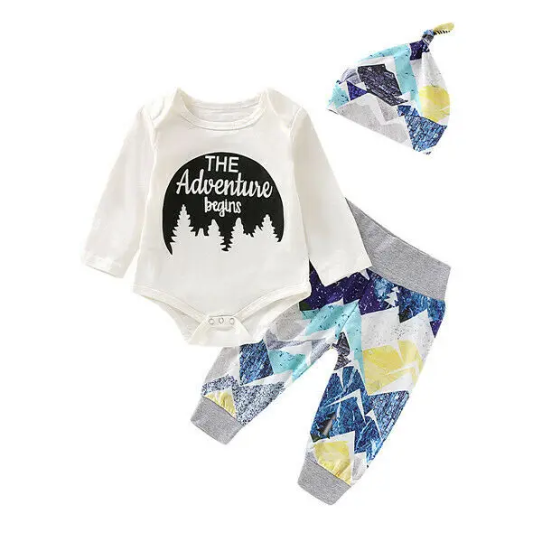 Baby Boys Girls Clothes Set 2019 Toddler Infant Newborn Autumn Long Sleeve Letter Bodysuit Tops Pants Hat Clothing Outfits 2PCs | Детская