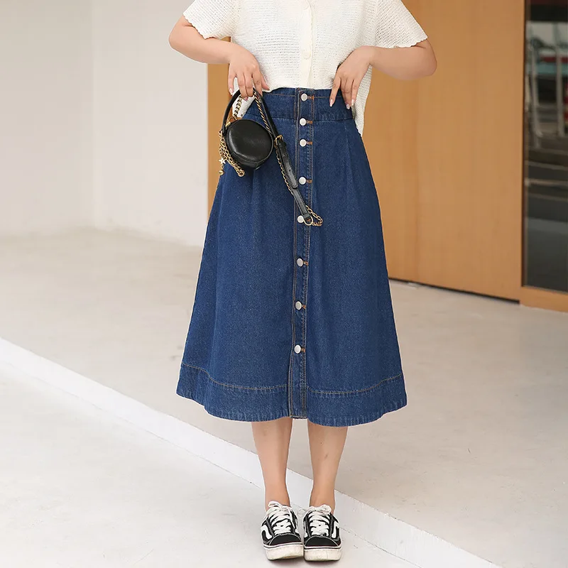 

Street Style Button Mid-calf Skirt Denim Skirts Womens High Waist Plus Size A-line Casual