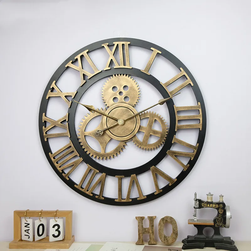 [HHT] Industrial Style Wooden Mute Wall Clock Gear Retro Hanging Sculpture Living Dining Room Creative Home Decoration | Дом и сад
