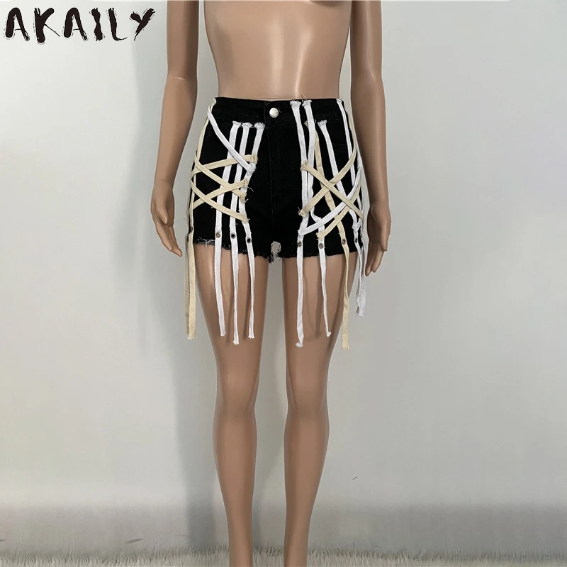 

Akaily Streetwear Skinny Lace Up Denim Shorts Women Summer High Waist Jean Shorts Female Solid Bandage Casual Booty Shorts 2021