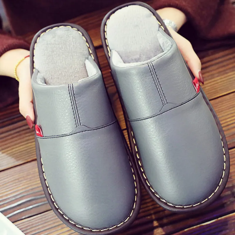 Plus size 45/46 Unisex home slippers women winter leather shoes microfiber high quelity female house slippers short plush shoes - Цвет: Gray