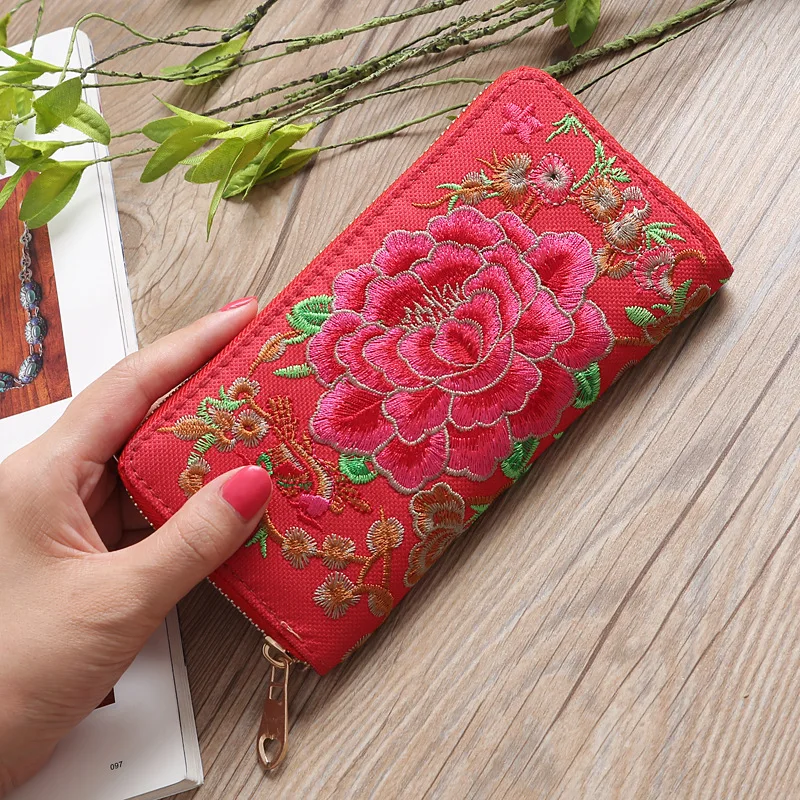 

Ethnic Style Embroider Rose Kawaii Women's Wallet Pure Color Purse Female Zipper Card Holder Wallets for Women A249