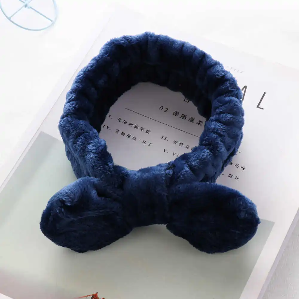 navy blue 1 шт., женская модная повязка для волос из кораллового флиса с бантом, повязка на голову для девочек, одноцветная тюрбан, Мягкая повязка для макияжа лица, аксессуары для волос - Цвет: navy blue