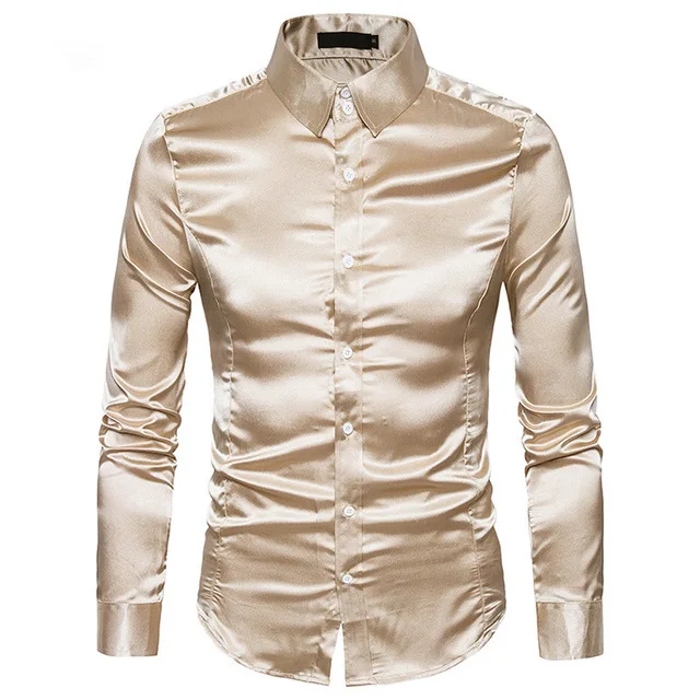 Men's Silk Shirt Long Sleeve Lapel Single Breasted Black Gold Satin Casual Slim Fit Social Formal Man Clothing