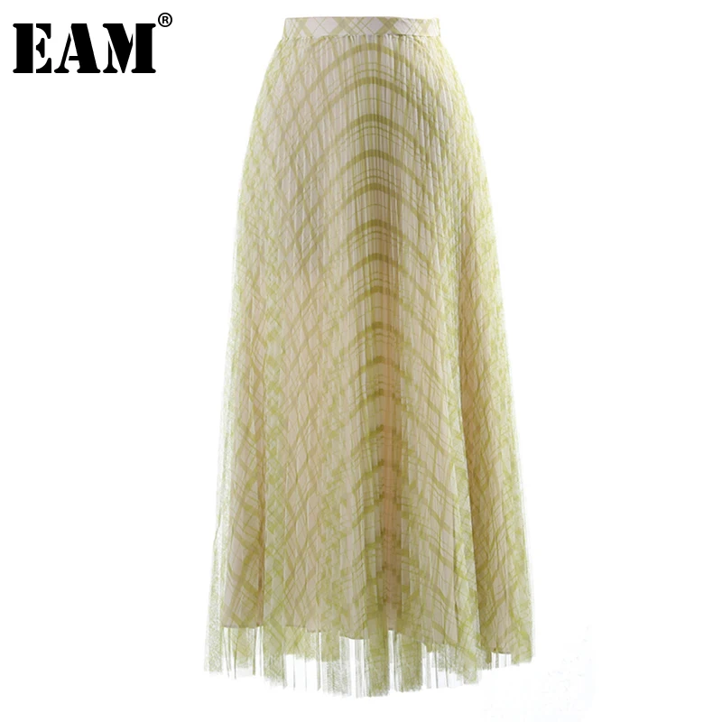 

[EAM] желтая клетчатая плиссированная длинная юбка с высокой эластичной талией, женская модная весенне-летняя Новинка 2021 1DE0815