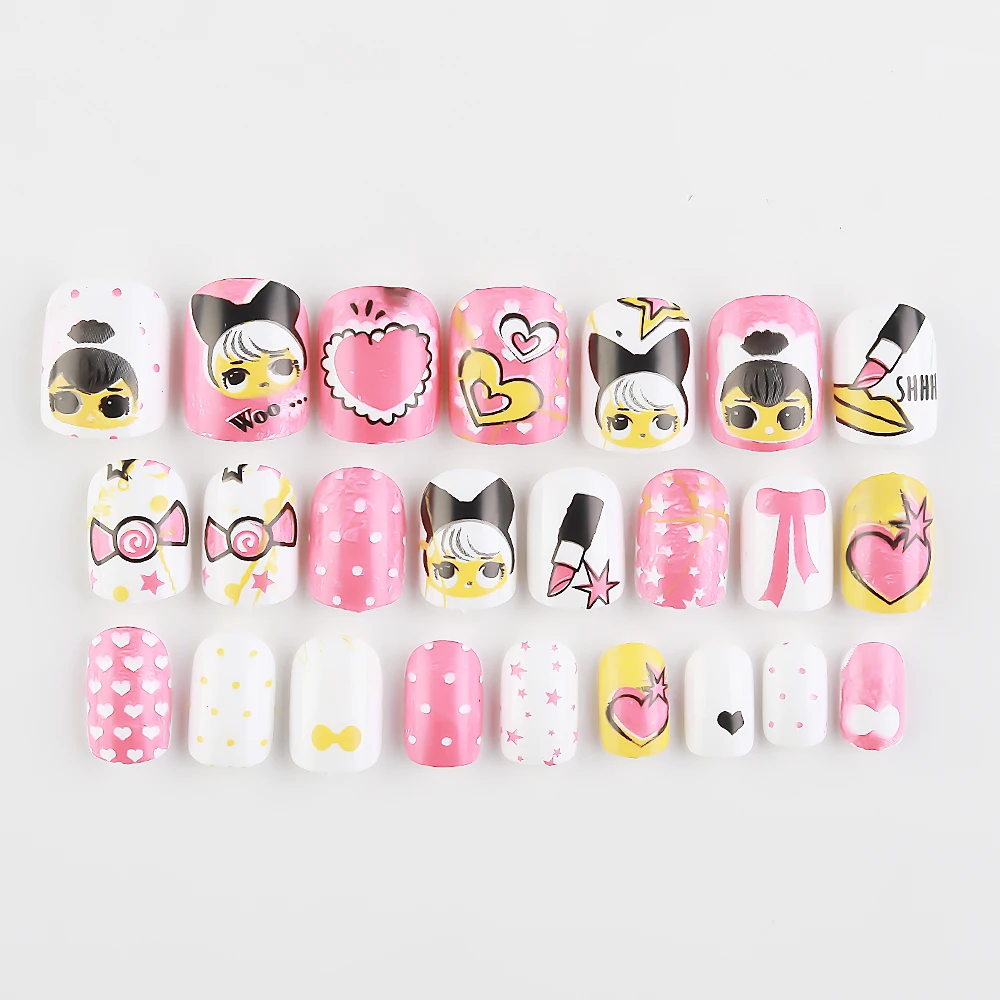 24 шт. накладные Типсы для детей Мультяшные розовые ногти маленьких девочек 9