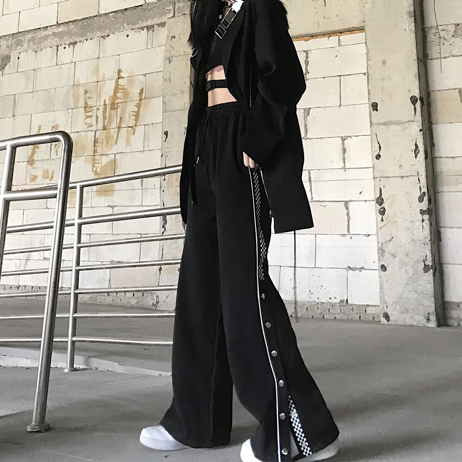 

Casual Trousers Women's Clothing Fashion Black Wide Leg Pants Ins Korean Buttons Straight Capris New Hipster Ulzzang Hot