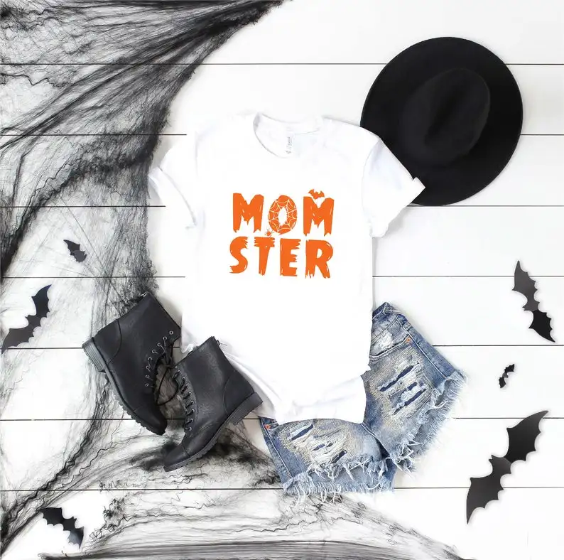 

Momster halloween fashion Funny pattern Women puer Cotton Round Neck Cute Shirt Fashion Short Sleeve Female Clothing aesthetic