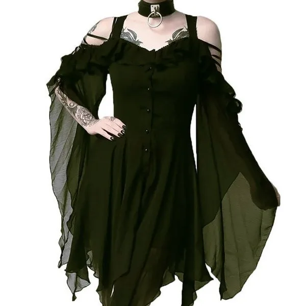 Christmas Dress Sexy Off Shoulder Flare Sleeve Halloween Women Irregular Button Party Dresses Fashion Black Blue Vestidos | Женская