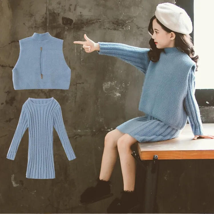 Комплект одежды для девочек осень 2021 теплый плотный вязаный свитер платье