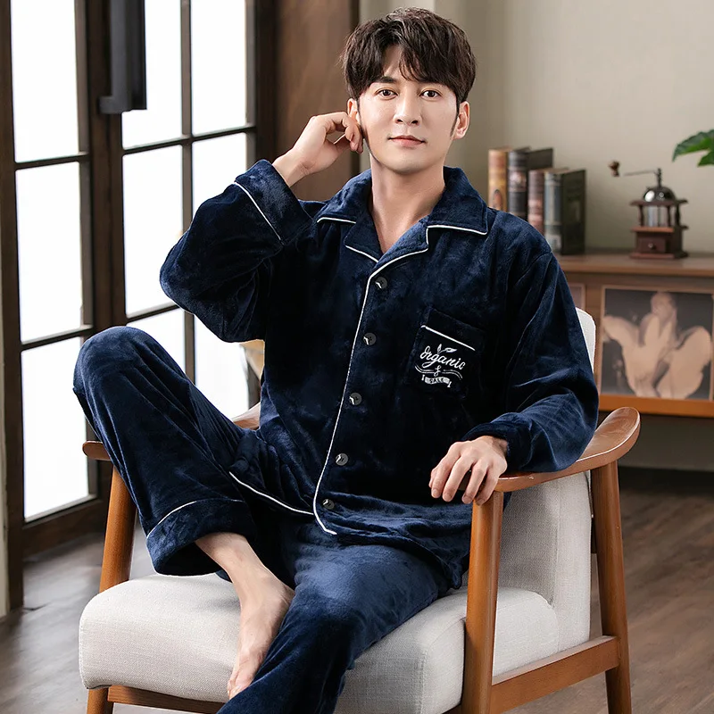 2021 Winter New Regular Men's Pajamas Set Thickened Warm Flannel Home Service 2-piece Set