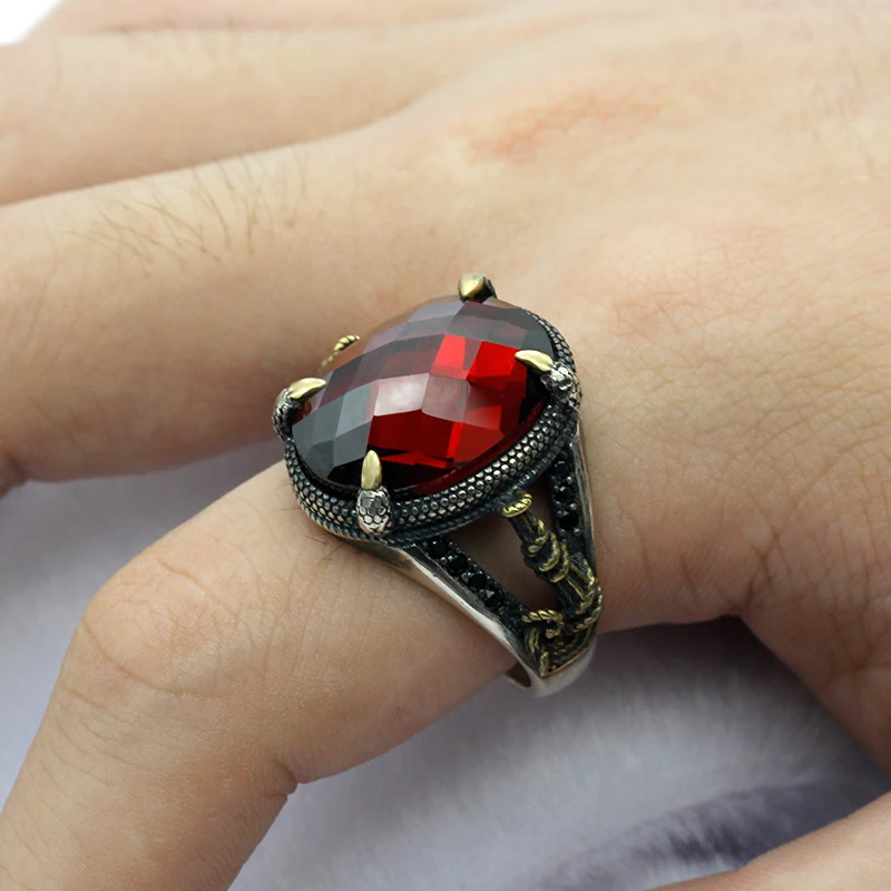 Настоящая искусственная Серебряная красная каменная значок кольцо с