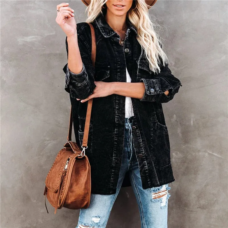 

hirigin Spring Autumn Women's Loose Corduroy Jacket, 2021 Fashion Vintage Long Sleeve Button Down Distressed Lapel Coat