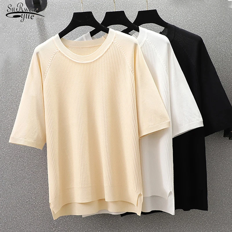 

2022 New L-4XL Loose Short Sleeve O-neck Tees Summer Pleasure T-shirt Knited Shirt Spring Women Clothing Loose Solid Tops 13595