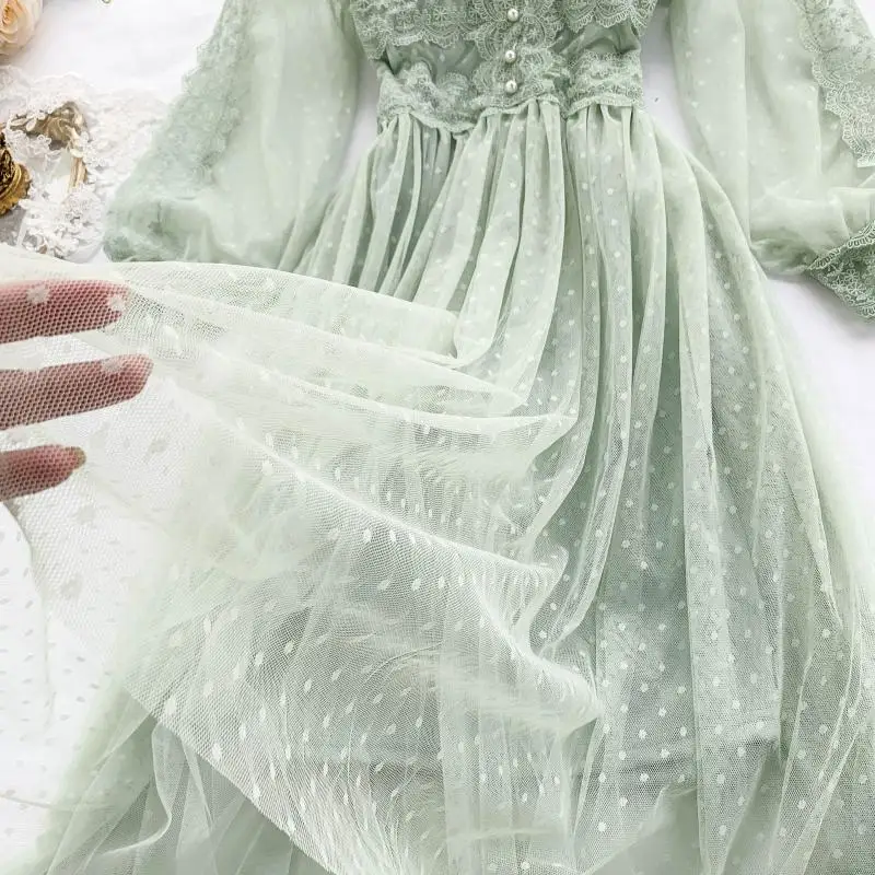 

ZQLZ Women Spring Dress Green Pink Mesh Lace Female Dresses 2-piece Set V-neck Slim Sexy Long Elegant Dress Women Spring Clothes