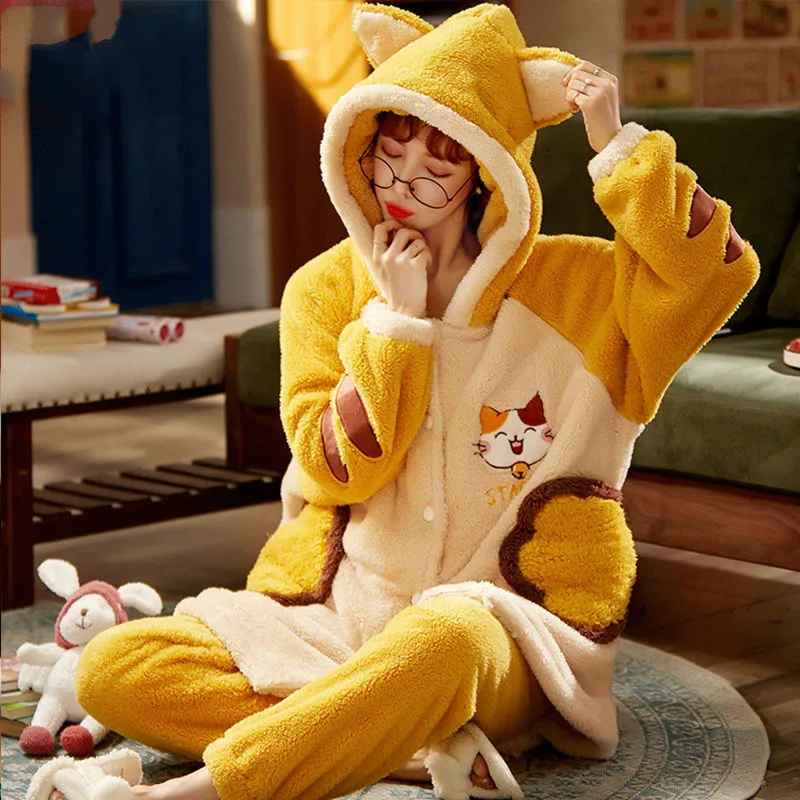 Pajamas Set Women Thick Flannel Cute Hooded Sleepwear Autumn and Winter Warm Lamb Velvet Nightwear Ladies Fashion Home Service