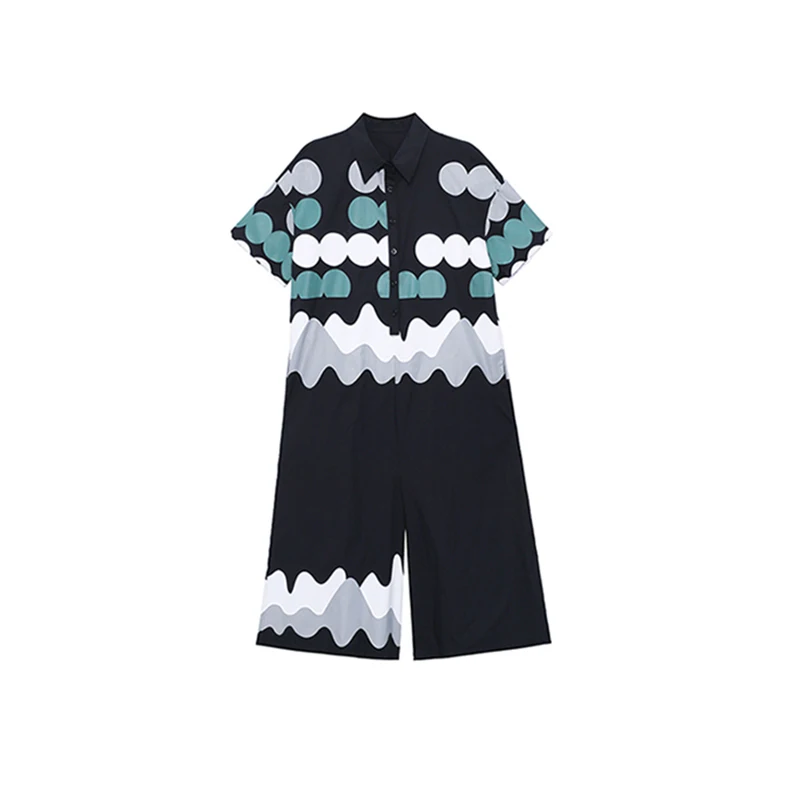 

CHICEVER Straight Print Jumpsuit For Women Lapel Collar Short Sleeve High Waist Hit Color Loose Jumpsuits Female Fashion Clothes