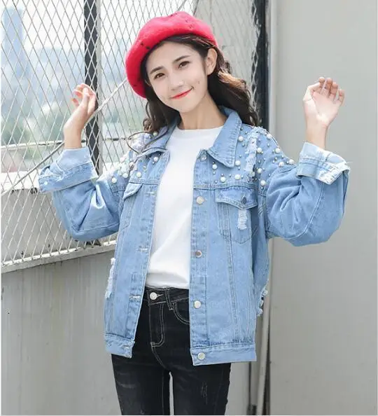 Nieuwe herfst meisjes losse denim jas BF wind korte jasje studenten джинсовая куртка топы kralen|Женские куртки| |