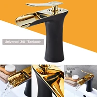 black gold waterfall spout basin vessel sink faucet deck mount gold brass hot cold mixer tap for bathroom chrome vanity sink tap