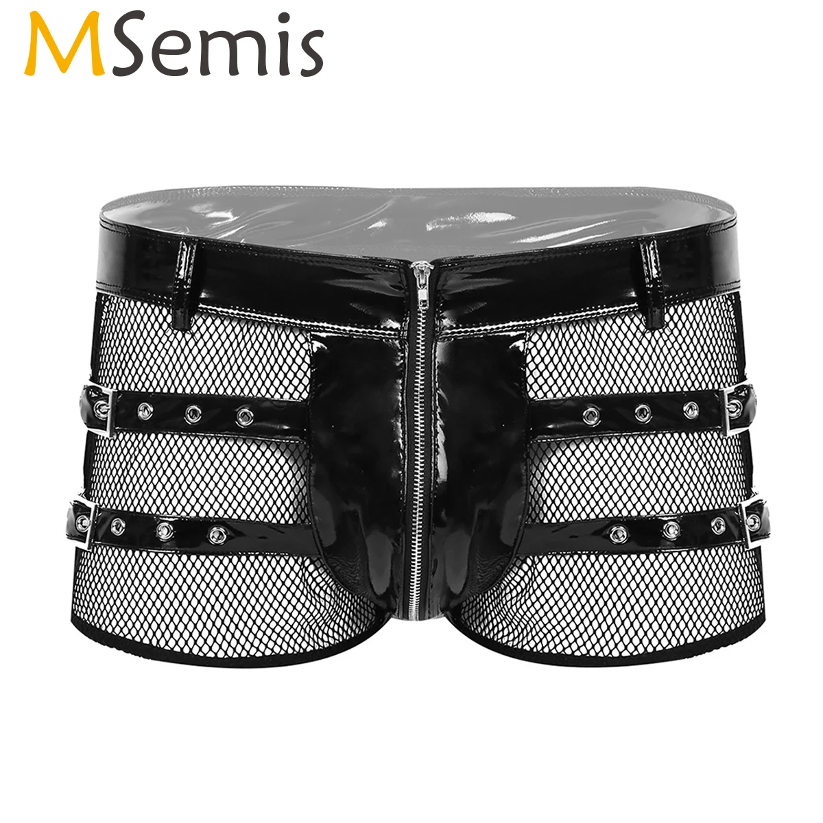 

MSemis Men Underwear Wet Look Patent Leather Lingerie Gay Transparent Panties Fishnet Spliced Front Zip Up Boxer Briefs Shorts