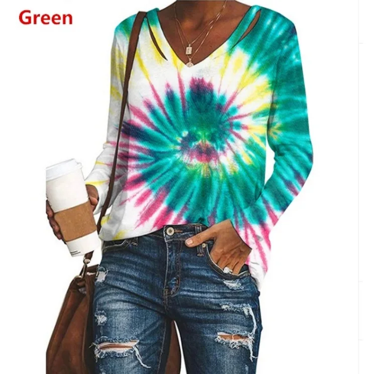 

Autumn and winter new women's V-neck tie dye printed long sleeve loose top T-shirt