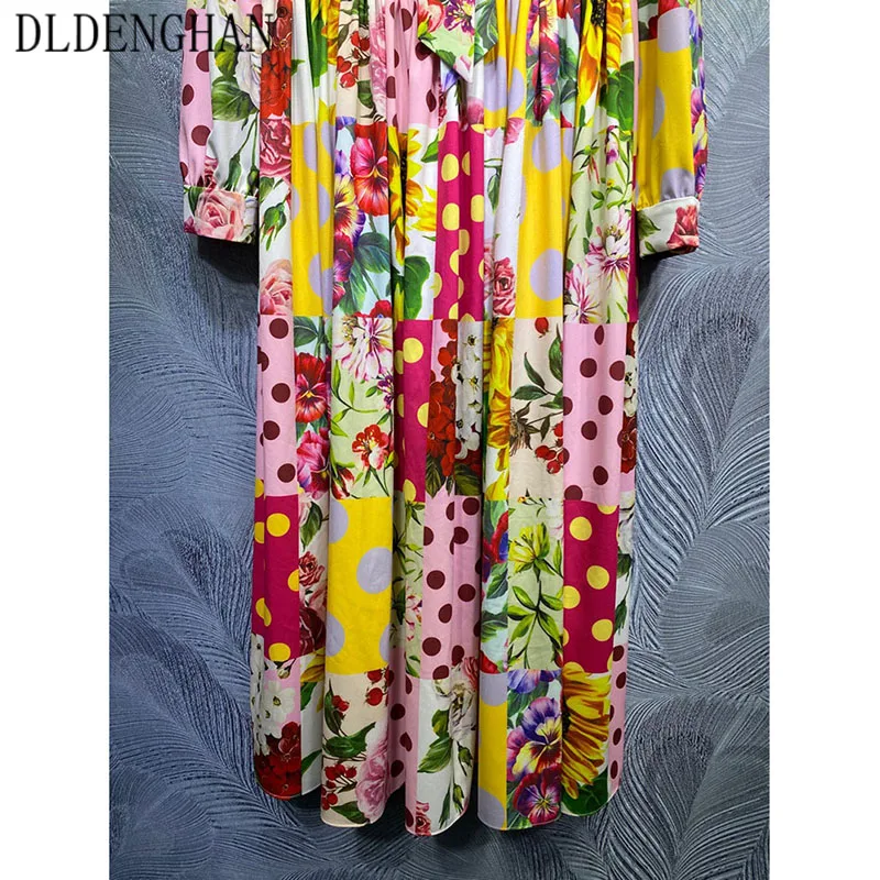 

DLINGHAN Fashion Dot Flower Print Dress Women Bow Collar Long Sleeve Lace Beading Crystal Button Vintage Dresses Spring New