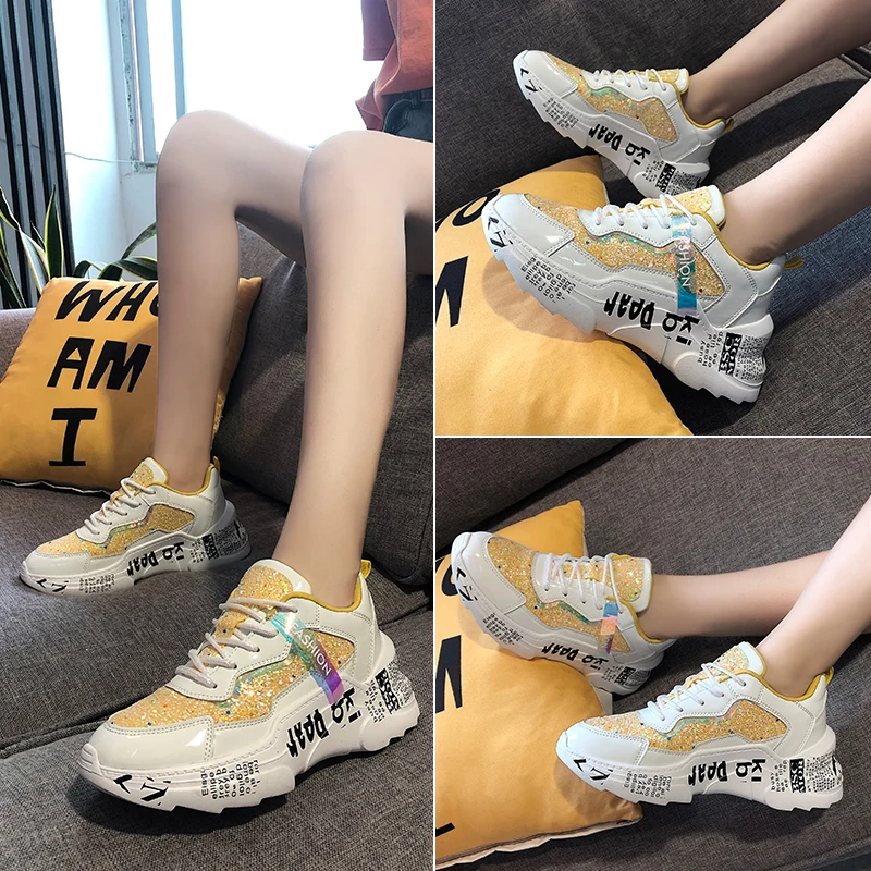 

2020 New Chunky Sneakers Platform Fashion Red Yellow Purple Black Bling Graffiti Sneakers Women Casual Shoes Woman basket femme