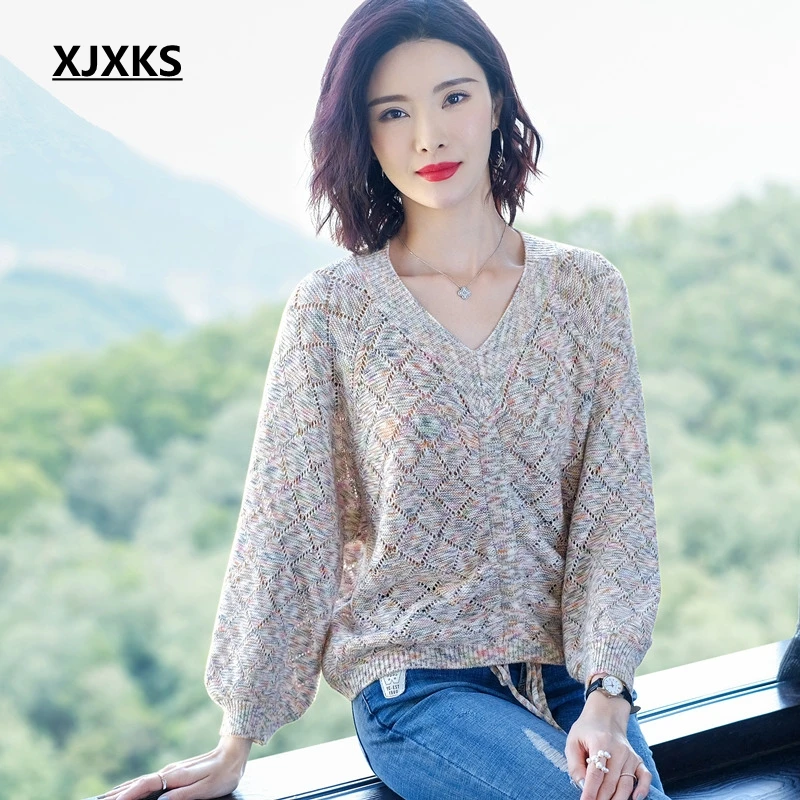 XJXKS Новинка 2020 Весенняя мода женский вязаный свитер с v-образным вырезом Верхняя