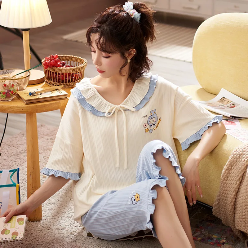 

Pajamas women's summer new cotton short sleeve thin Capris, sweet and lovely, can wear large size women's home suit