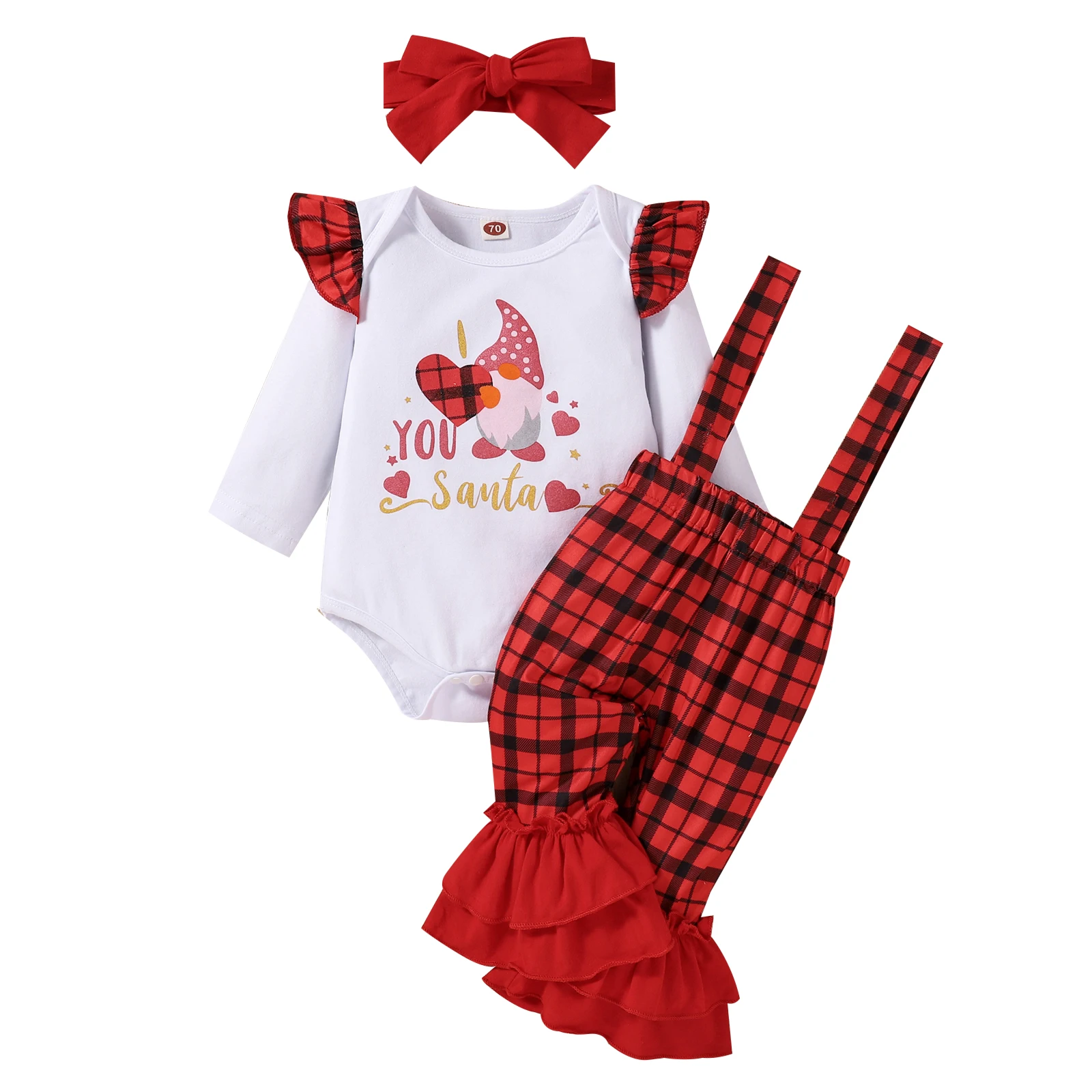 

0-18m Christmas Newborn Infant Baby Girl Clothes Set Letter Romper Plaid Pants Overalls Outfits Clothing
