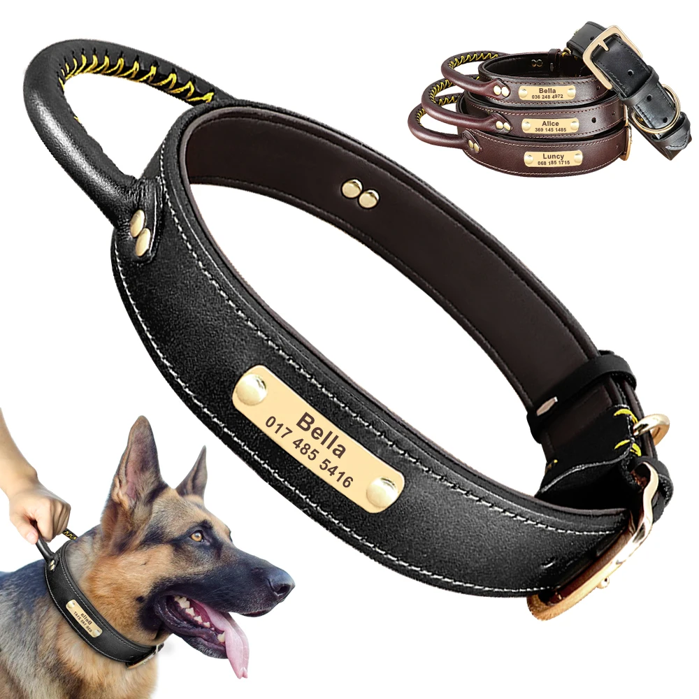 Custom Leder Hund Kragen Personalisierte ID Tag Hund Kragen Freies Gravierte Typenschild Pet Halsbänder Mit Griff Für Medium Large Hunde