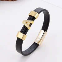 new hot a z initial zinc alloy pave setting zircon letter charm bracelets leather rope chain for women lovers jewelry gift