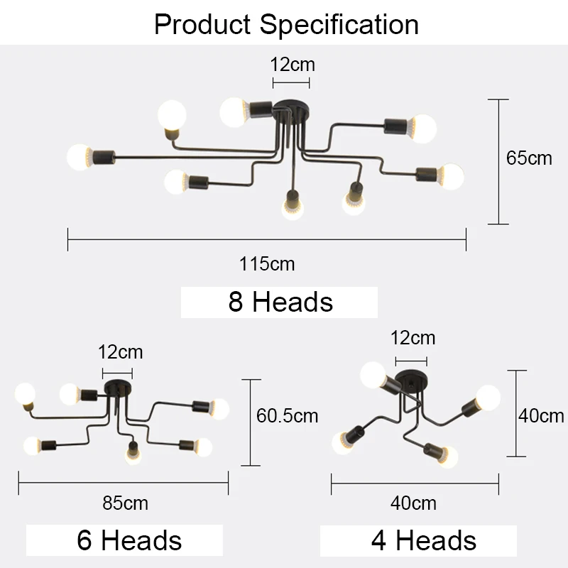 

Modern LED Chandelier Lighting Fixtures Black Iron 4 6 8 Branch Ceiling Chandelier Vintage Industrial Lamp Living Room Bedroom