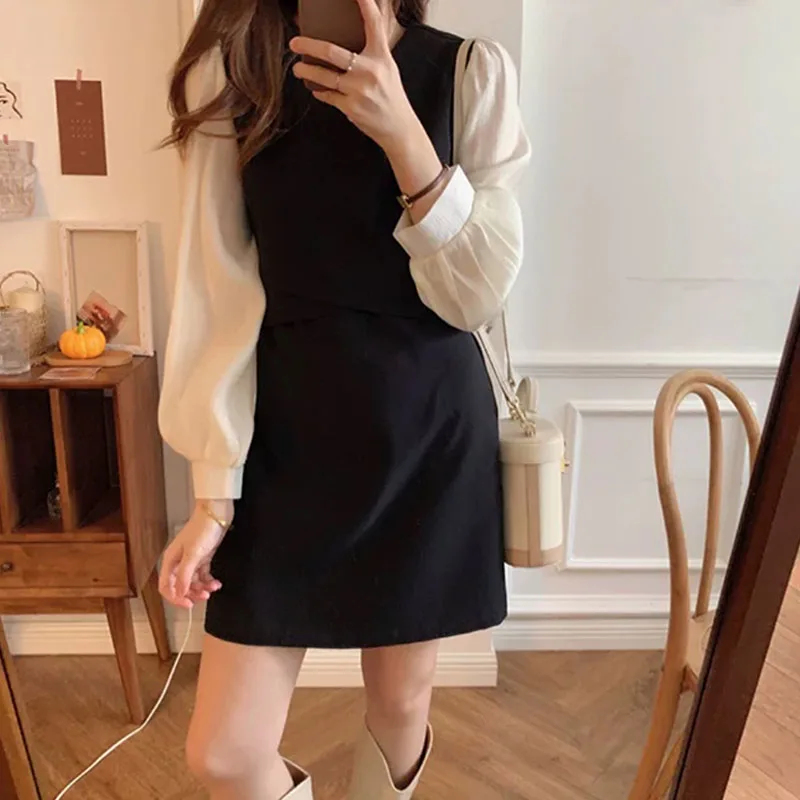 

2021 Hot Sale Fashion Fenimine Vestidos Women Long Sleeve Faux Two Piece Patchwork Little Black Mini Dress for Feminino Vestido