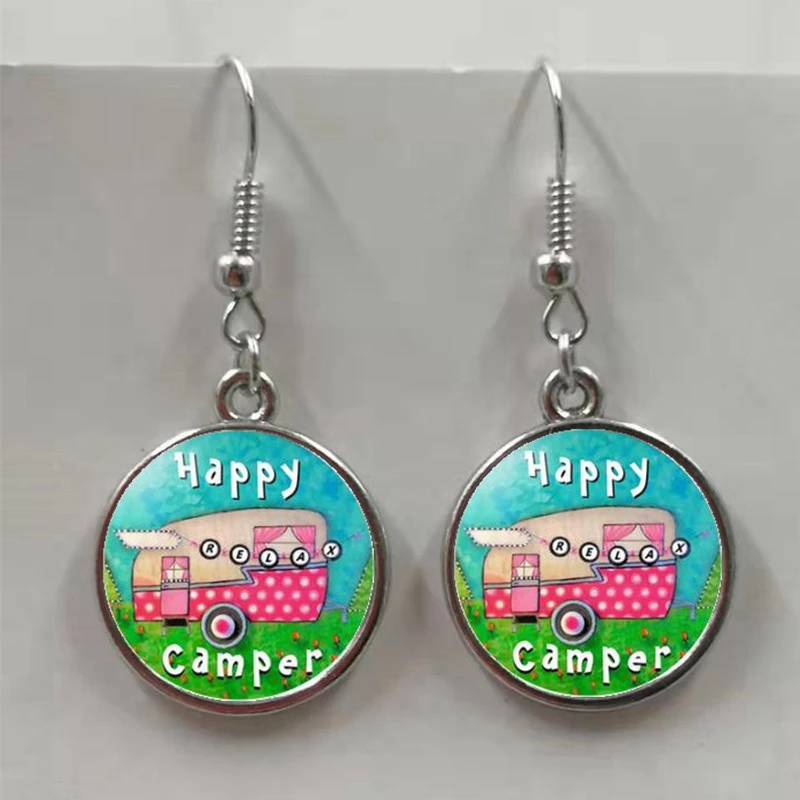 Симпатичные серьги счастливого кемпинга i RV стеклянные выпуклые круглые богини