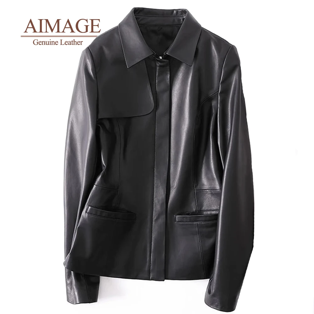 

women genuine leather korean style turn collar sheep coats sashes comfort real leather jacket splicing kurtka damska skóra PY018