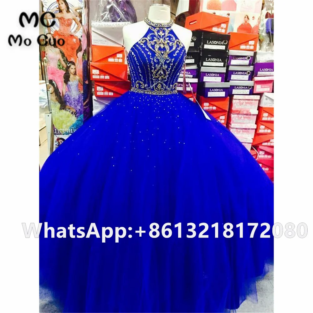 

Violet 2021 Royer Blue Prom dresses Long Crystals Beads Halter Tulle vestido de festa Long Puffy Ball Gown Prom Dress