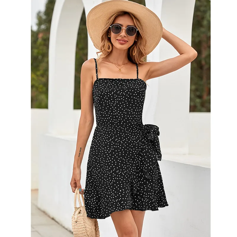 

Bikoles летнее Сексуальное Женское Платье на бретельках с вырезом лодочкой модное Hohemia в горошек с оборками и открытой спиной женское мини-плат...