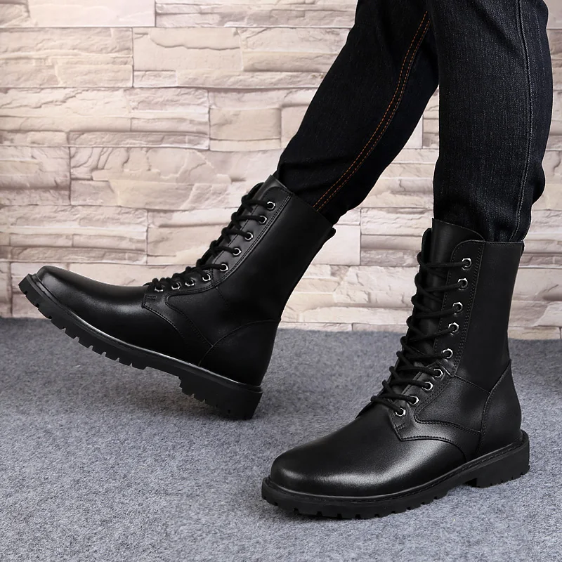

plus size men's casual cowboy boots black genuine leather shoes platform lace-up high boot outdoors long botas masculinas zapato
