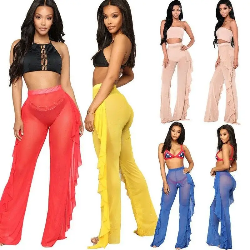 

US Women Lady High Waist Sheer Flared Ruffle Mesh Beach Long Pants Solid Trouser
