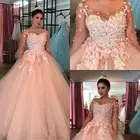 Кружевное бальное платье с объемным рисунком, платья для Quinceanera 2020, румянево-розовые прозрачные платья с длинным рукавом, конфетные платья 16 цветов, Дебютант для 15-летнего выпускного вечера