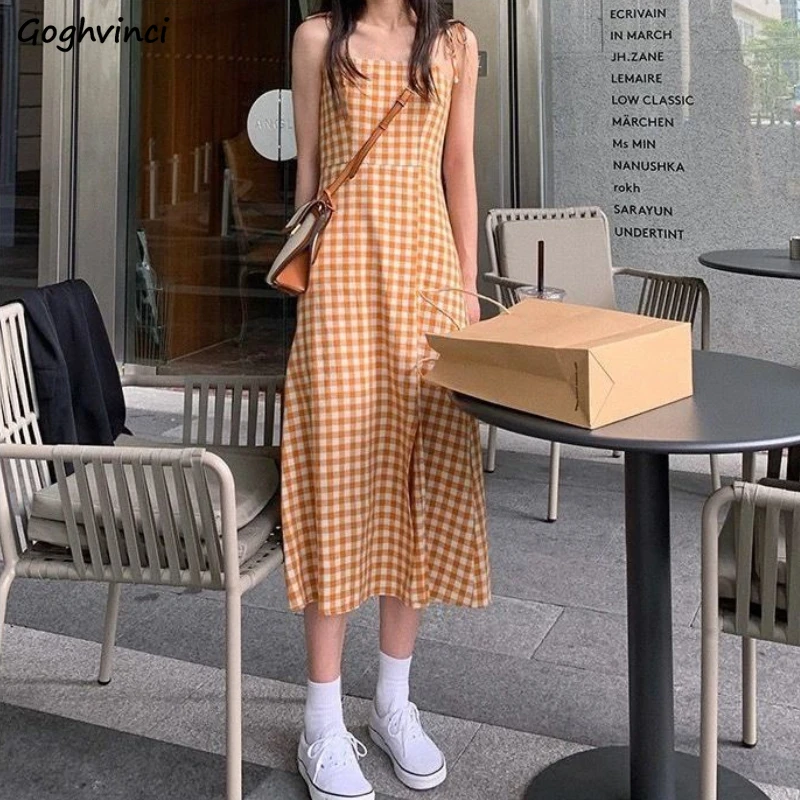 

Sleeveless Dress Women Plaid Vintage Spaghetti Strap Streetwear Retro Elegant Long Dresses Korean Style All-match Cute Side Slit