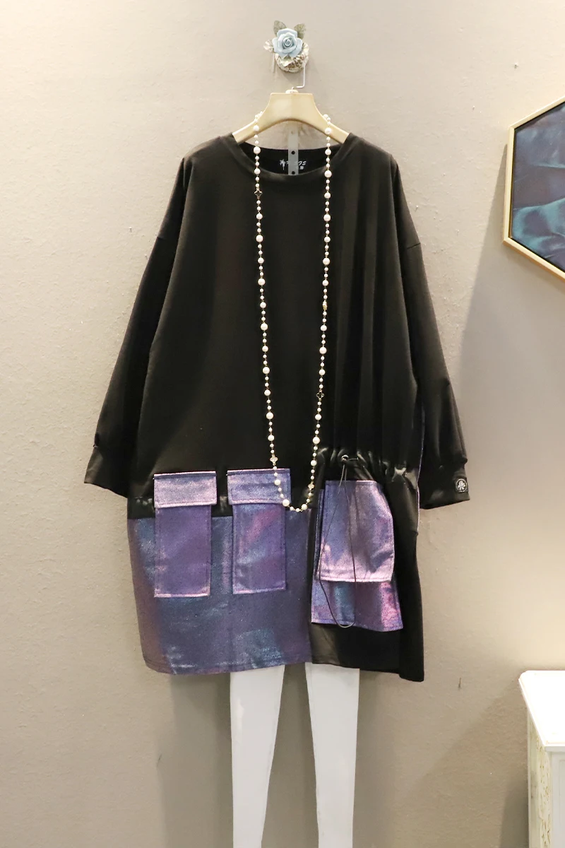 

Fashion Brand Women Drawstring Sweatshirt 2021 Women Pocket Patchwork Sweatshirt Female Pullover Sweatshirt C420