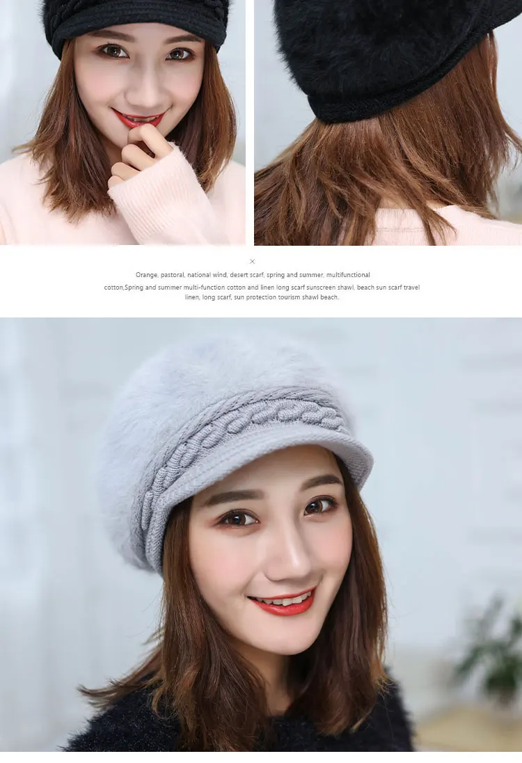 Women's hat winter rabbit hair knitted beret hat winter hats for women caps women fashion winter hat women's knitted hat