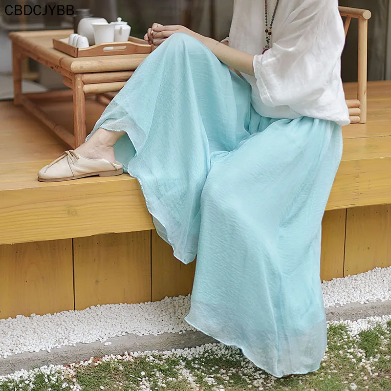 

2021 Fashion Women Elegant Solid Cotton Pants Korean Summer Retro High Waist Two Layer Wide Leg Pant Long Boho Trousers Female