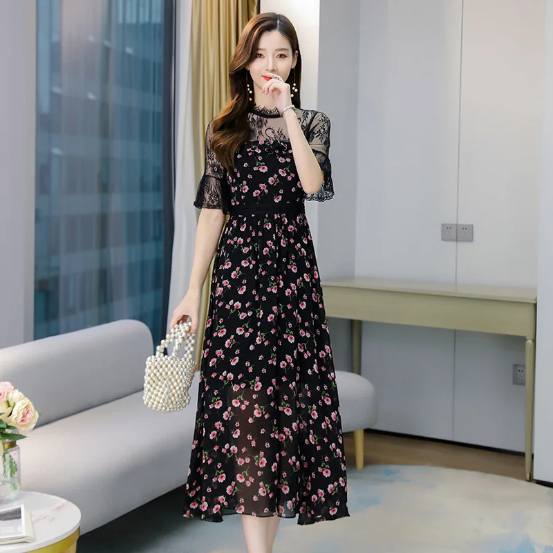 

the Korean version of the waist is slimming long dress, the temperament of the knee-length floral chiffon dress
