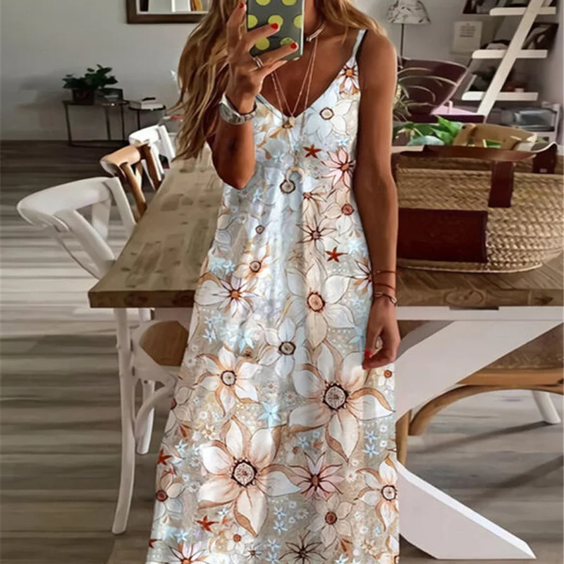 

Zoki Women Vintage Yellow Dress Floral Print V Neck High Waist Camis Slim Sleevesless Loose Sundress Summer Hot Fashion New