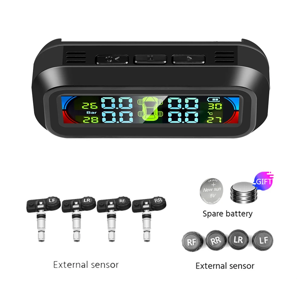 

Solar Power TPMS Car Tire Pressure Monitoring System Auto Display Alarm Monitoring Temperature Alert Built-In External 4 Sensors